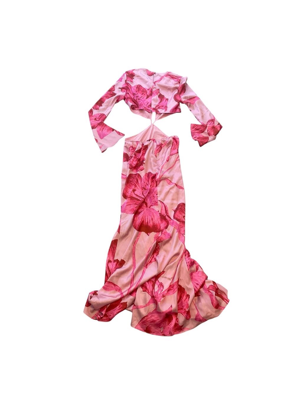 Nastygal Pink Floral Cutout Maxi Dress Long Sleeve Satin Size US 4